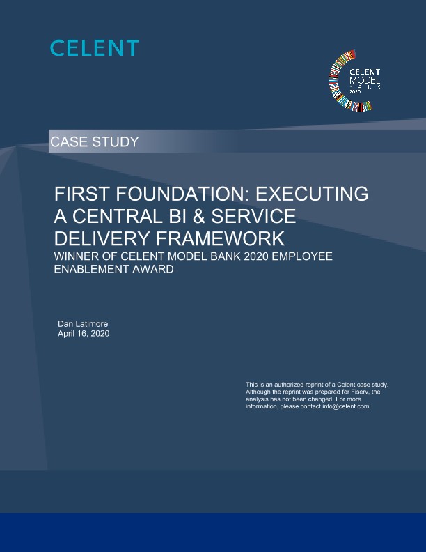 a blue cover with white text First Foundation Bank Wins Celent Award for Employee Enablement
